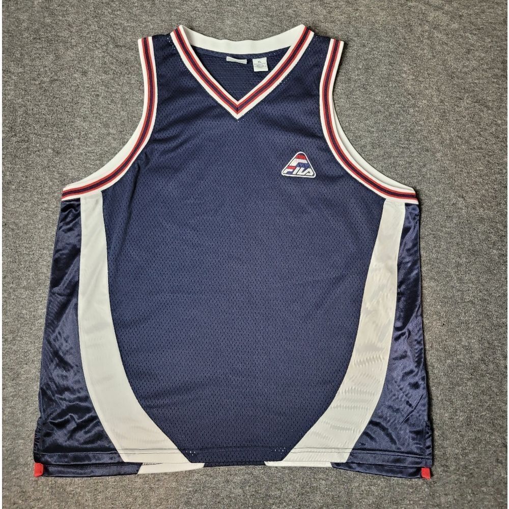 Vtg 90's  FILA Basketball Jersey Adult Sjze XL Blue White Red Mesh Street Wear